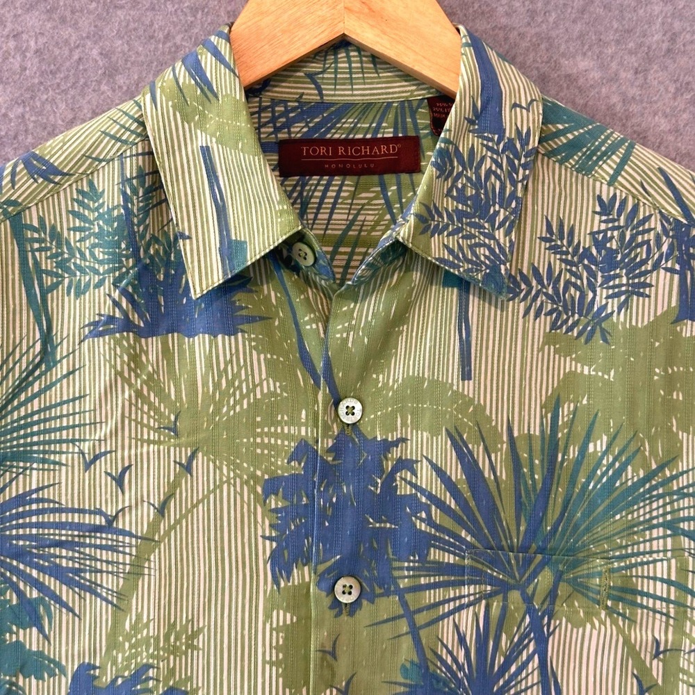 Tori Richard Mens Silk Lyocell Palm Leaf Striped Aloha Shirt Green Blue Small